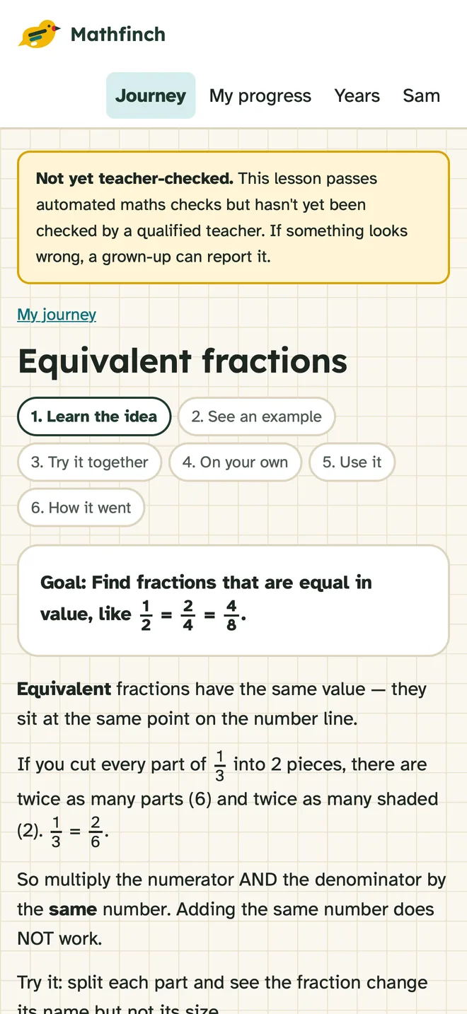 A Mathfinch lesson explaining an idea with a picture and a short explanation.
